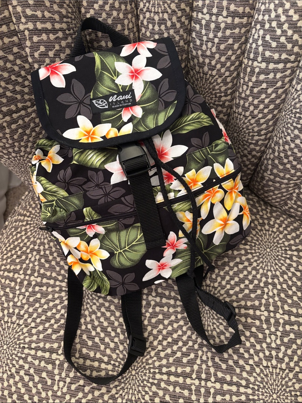 Nani Island Made in Hawaii Cotton Black Floral Backpack Purse Bag Like New